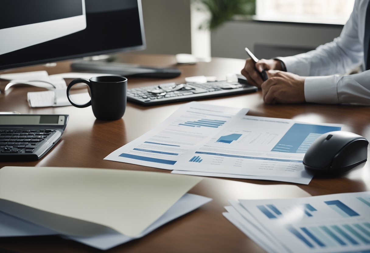 A claims adjuster reviews documents and assesses damages in an office setting. Files, a computer, and a phone are present