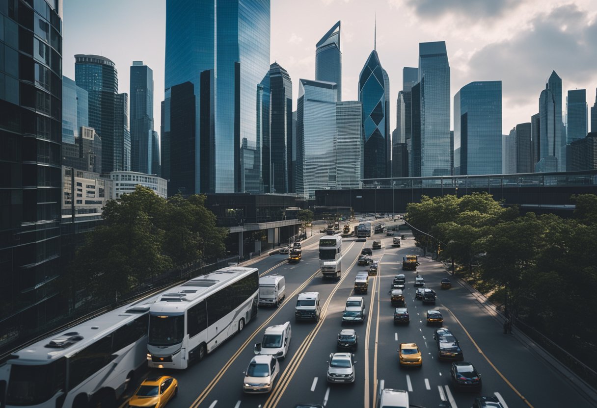 A bustling city skyline with skyscrapers and office buildings, including a prominent insurance company headquarters. Busy streets with cars and people