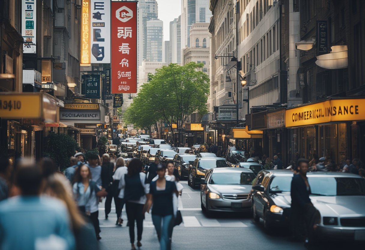 A bustling city street with various businesses, each displaying "Commercial Insurance" signs. Bright colors and busy storefronts convey a sense of security and reliability